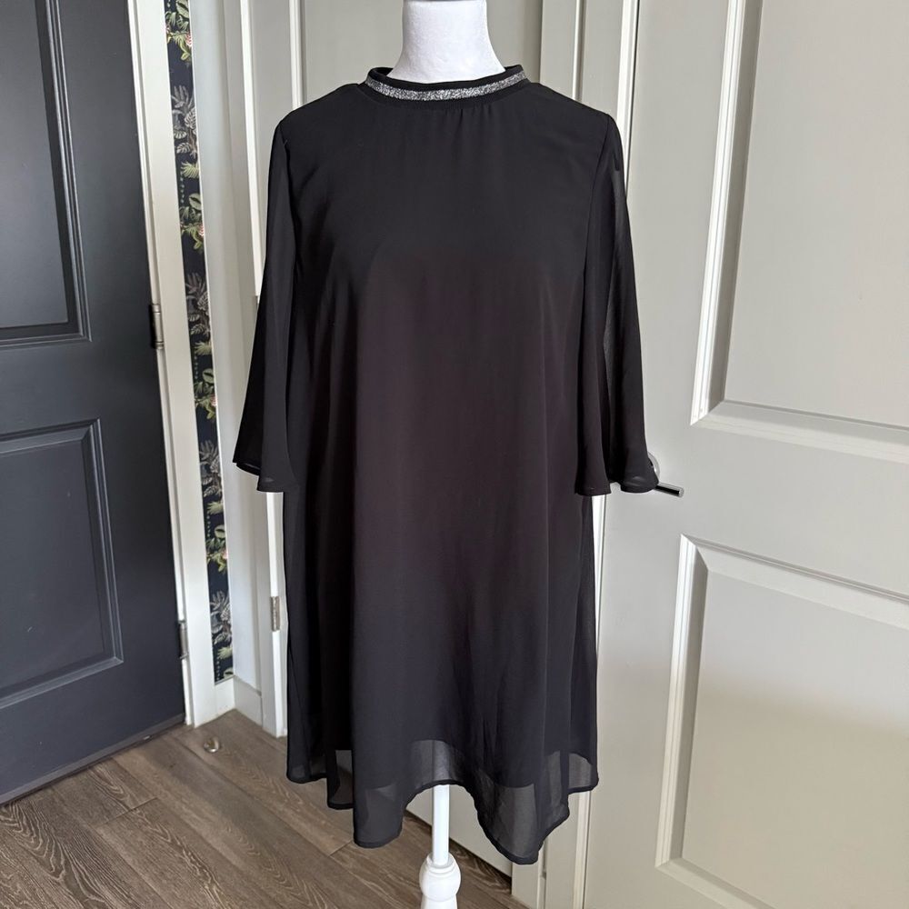 Zara Black Chiffon Flowy A-line Shift Dress with Metallic Collar Size M